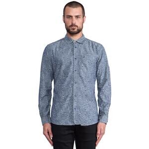 Nwot DIESEL Shirt M Grey Floral Blue-Snaps Logo Pocket Long-Sleeve Cotton“Sermon